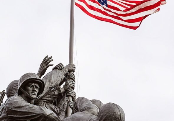 Famous US Marine Corps War Memorial in Arlington showcasing heroism. crime and justice