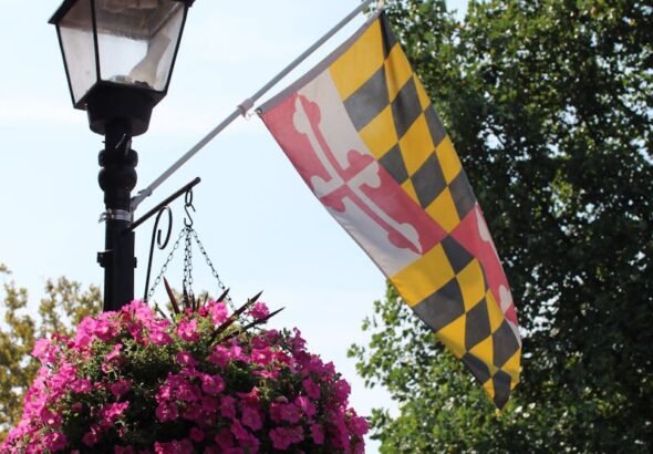 Former Maryland Corrections Employee, Contractor Sentenced in Procurement Fraud Scheme 10 Street light and Maryland state flag adorned with vibrant pink flowers in Annapolis, MD.