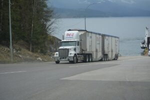 truck, lorry, white truck, cargo truck, big rig, transportation, vehicle, highway, lake, driving, nature, truck drivers, truckers, lorry driver, gray truck