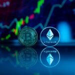Conceptual image of Bitcoin and Ethereum coins reflecting stock market graph for cryptocurrency trading. crypto