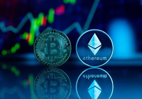 Crypto queen Still on the Run as $40M OneCoin Recovery Opens to Victims, While $37M Laundering Scheme Lands Chinese National in Prison 6 Conceptual image of Bitcoin and Ethereum coins reflecting stock market graph for cryptocurrency trading. crypto